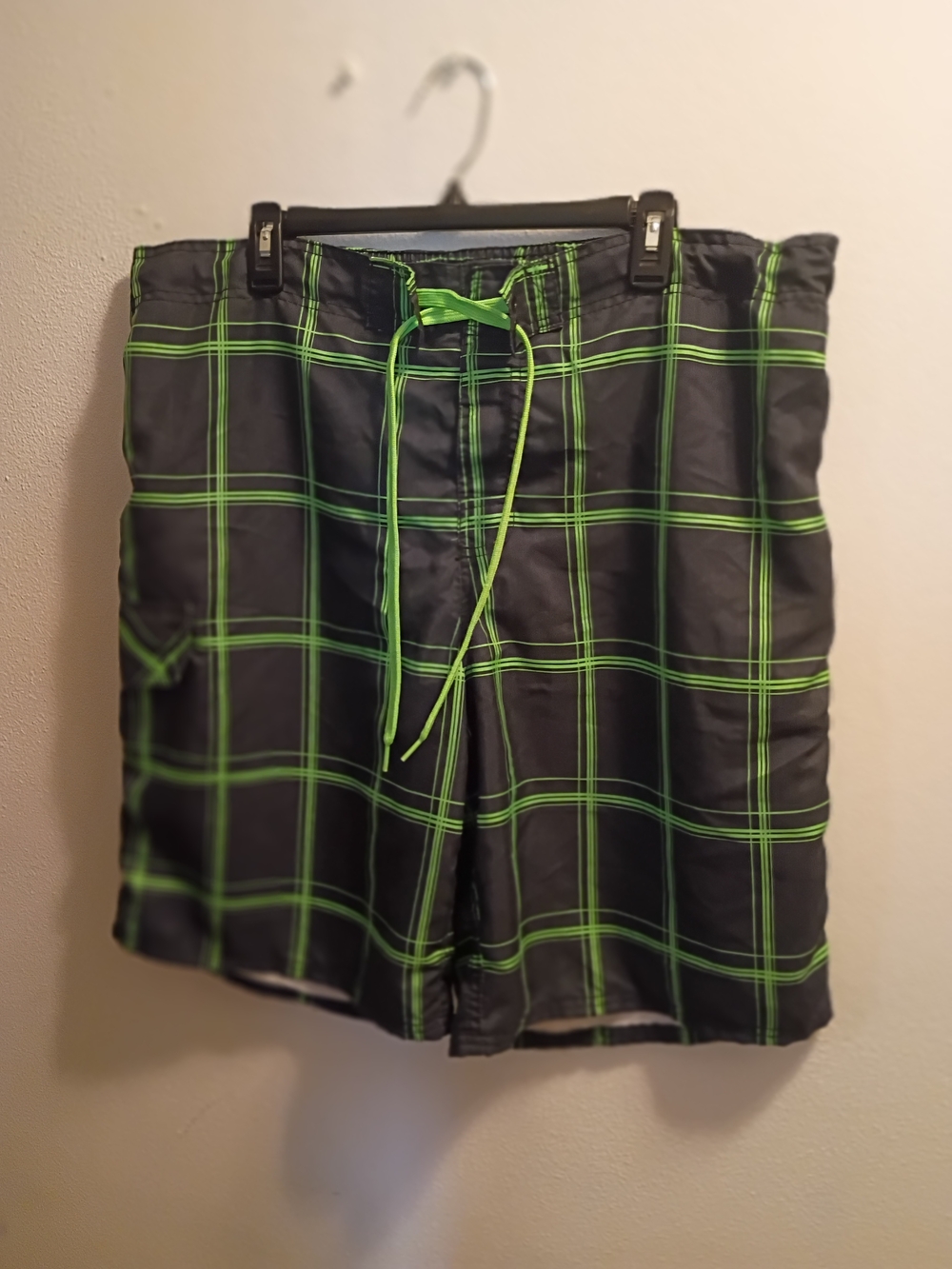 OP Men's Black and Neon Green Plaid Swim Trunks